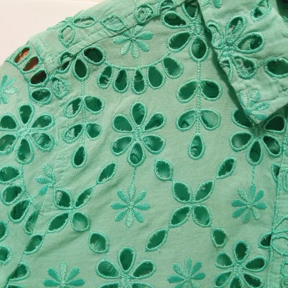 JCREW eyelet shirt blouse button down green long sleeve collar 6 lace embroidery